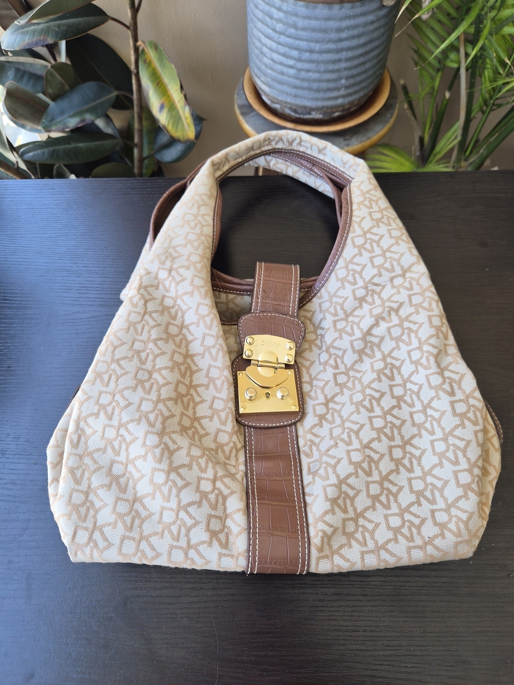 Vintage DKNY Logo Canvas Leather Trim Hobo Bag Gold Lock Beige Brown